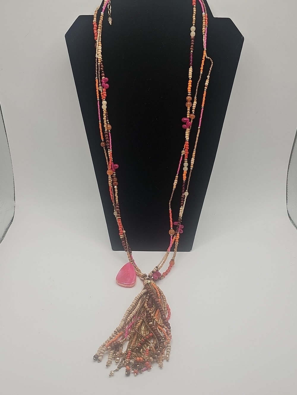 Boho Pink Multi-Strand Beaded Tassel Necklace. Chicos, About 22".